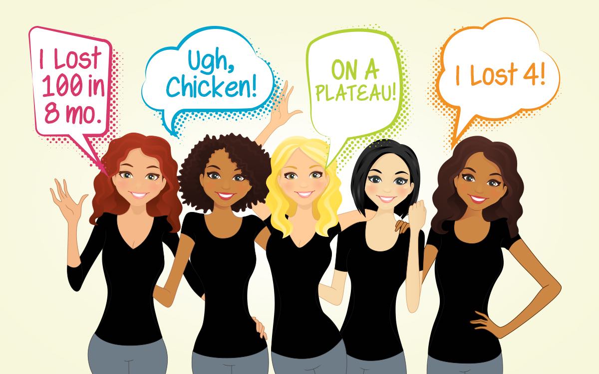 Five illustrated women smiling with speech bubbles sharing different weight-loss and dieting comments.
