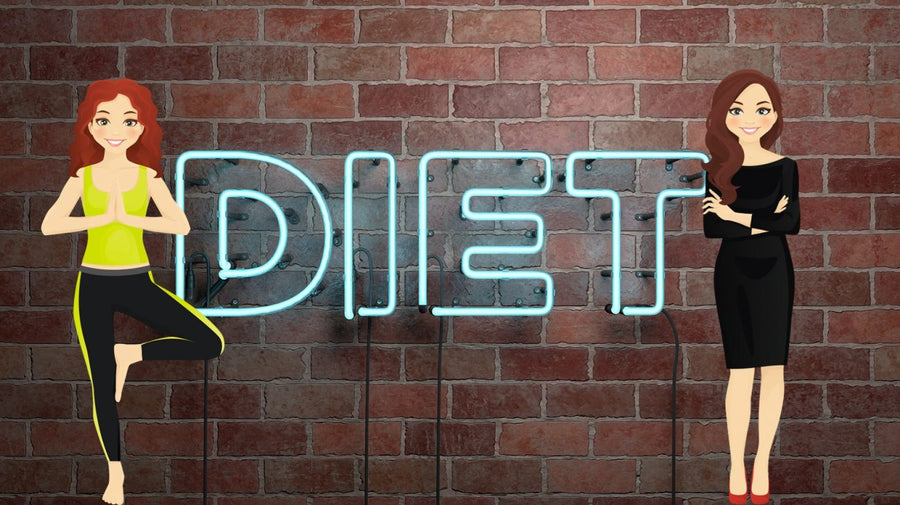 Two illustrated women stand beside a glowing neon “DIET” sign against a brick wall background.