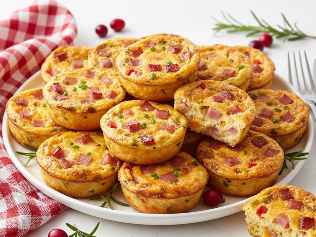 Plate of mini egg muffins with diced ham and vegetables, arranged neatly with one muffin showing its inside.