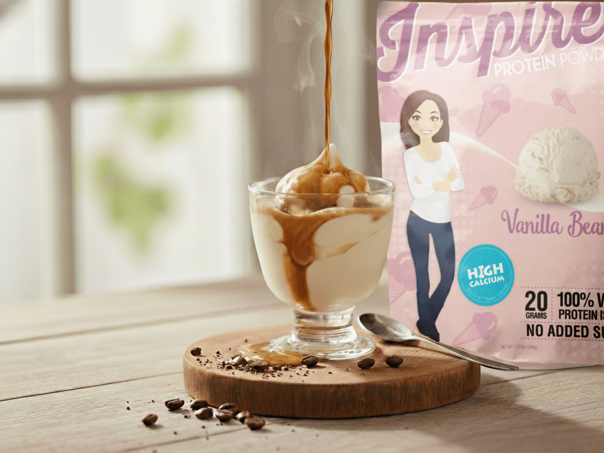 Bariatric‑friendly protein affogato with a vanilla protein base, topped with hot decaf espresso in a small glass cup.