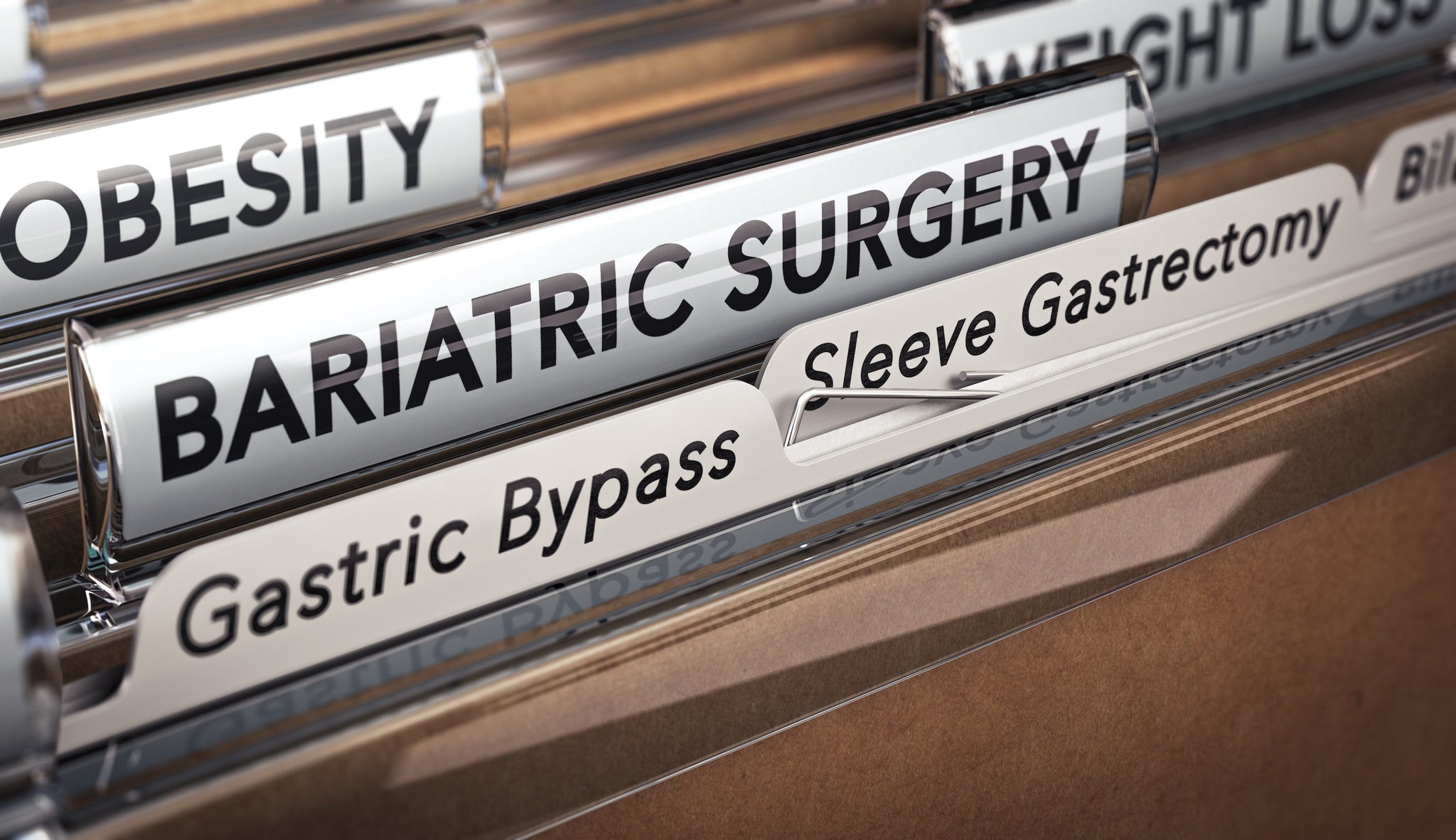 File folders labeled bariatric surgery, gastric bypass, sleeve gastrectomy, obesity, and weight loss.