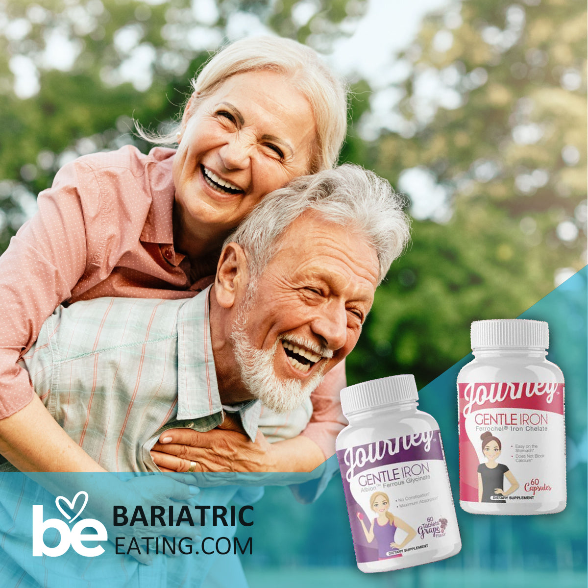 An elderly couple joyfully smiles while the woman playfully hugs the man from behind in a sunny outdoor setting, with dietary supplement bottles displayed in the foreground.