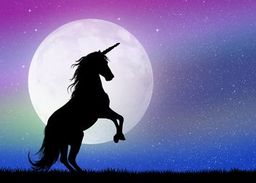 Silhouette of a rearing unicorn against a large glowing moon and a colorful purple-blue night sky.