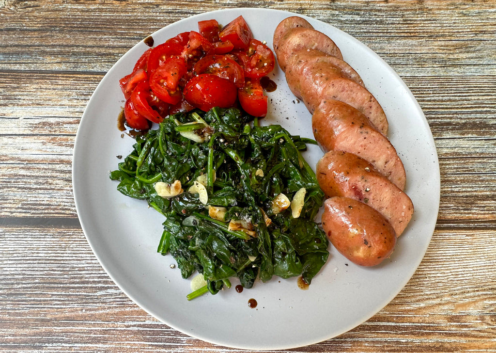 Let's Make Supper - Grilled Italian Chicken Sausage, Sautéed Spinach, and Tomatoes