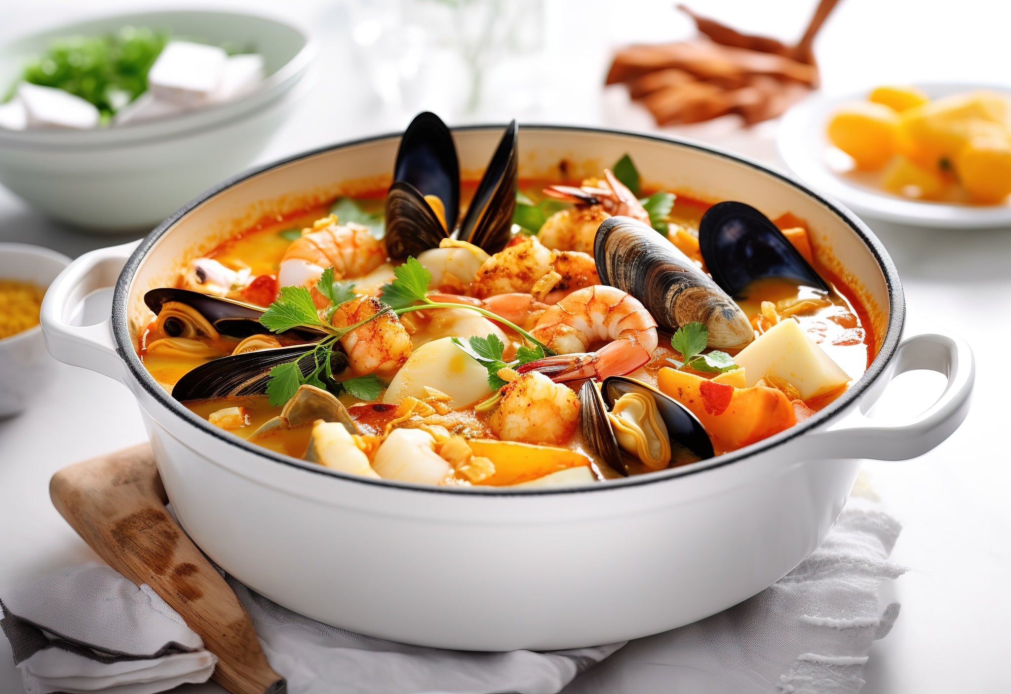 Seafood stew in a white pot with shrimp, mussels, clams, and vegetables garnished with fresh herbs.