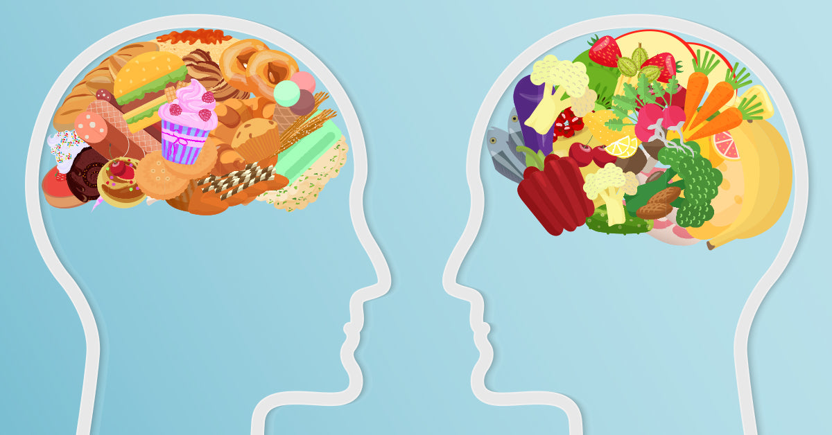 Two human head outlines filled with foods, one with sweets and pastries, the other with fruits and vegetables.
