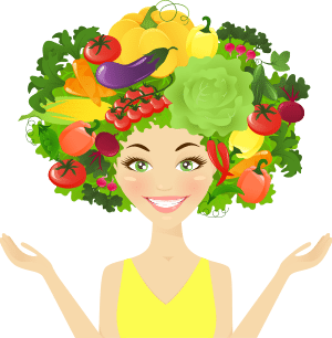 Smiling cartoon woman with hair made of colorful fruits and vegetables, holding her hands up.