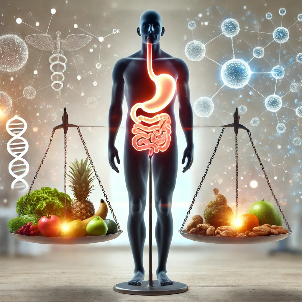 A silhouette of a human body with an illuminated digestive system stands between two scales, one holding fruits and vegetables and the other containing nuts and grains, symbolizing metabolic balance after weight loss surgery.
