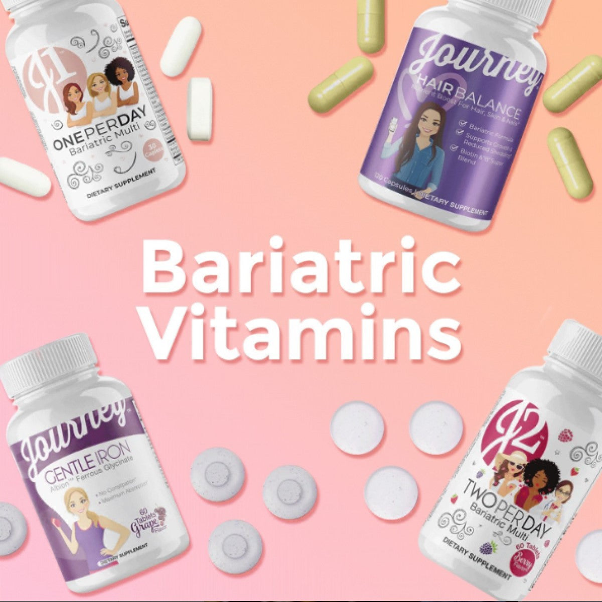 Bottles of Journey bariatric vitamins, including One Per Day, Hair Balance, Gentle Iron, and Two Per Day, are displayed on a pink background with various capsules and chewable tablets scattered around.