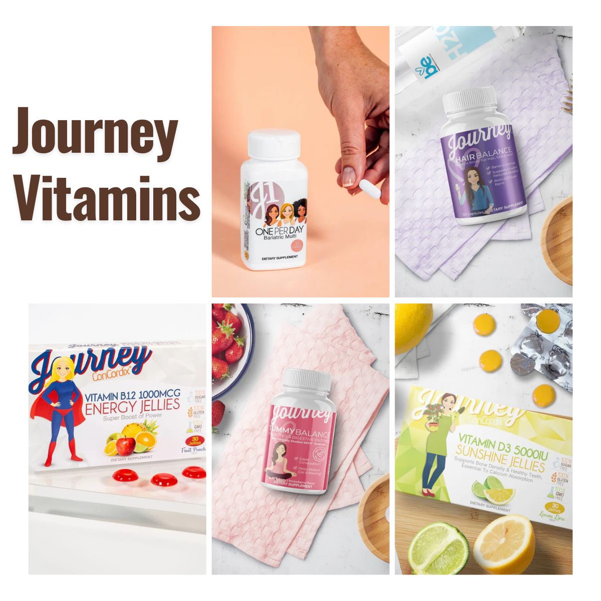A hand holds a vitamin bottle labeled "One Per Day" against a peach background, while three other vitamin products are displayed on pastel backgrounds with fruits and jellies, emphasizing health and wellness.