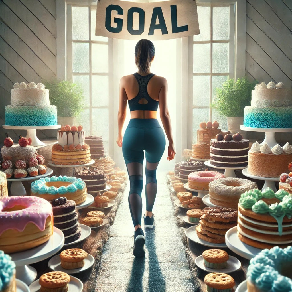 A woman in athletic wear walks towards a sign reading "GOAL," flanked by tables filled with various desserts, creating a contrast between fitness and temptation in a bright, inviting setting.