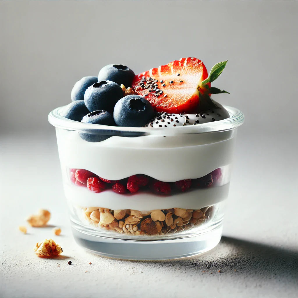Layered yogurt parfait with granola, berries, and chia seeds in a glass cup.
