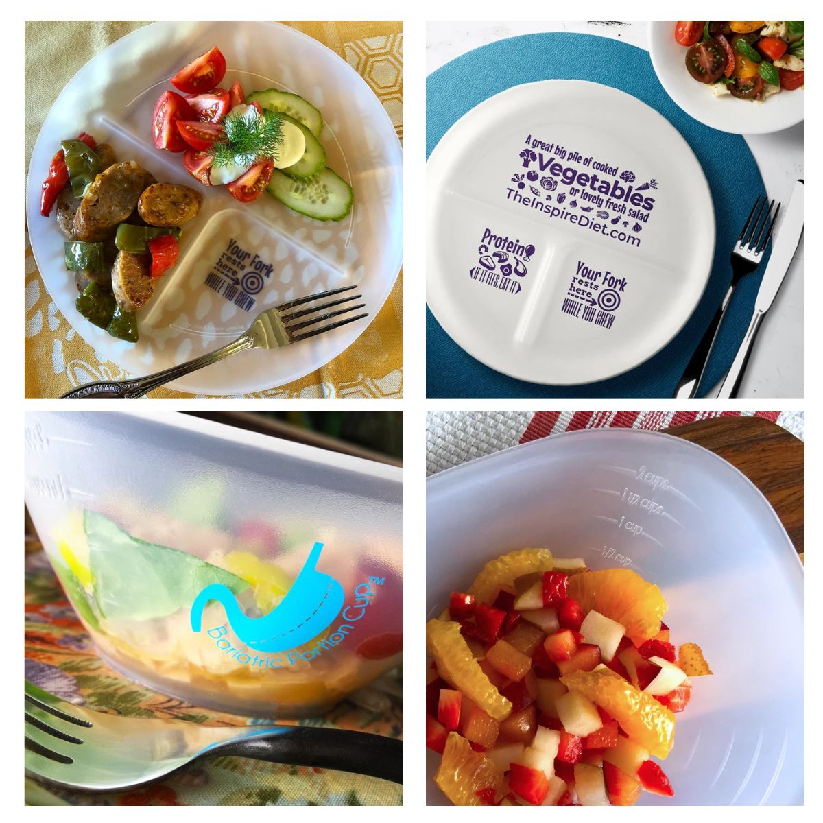 A variety of healthy meals are displayed on plates and bowls, featuring vegetables, protein, and fruit, with portion control tools and colorful garnishes visible in a home dining setting.