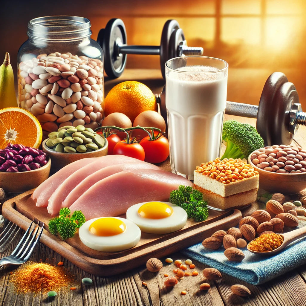 A wooden table displays a variety of protein-rich foods, including chicken, eggs, beans, nuts, and vegetables, alongside a glass of milk and a pair of dumbbells in a warm, inviting setting.