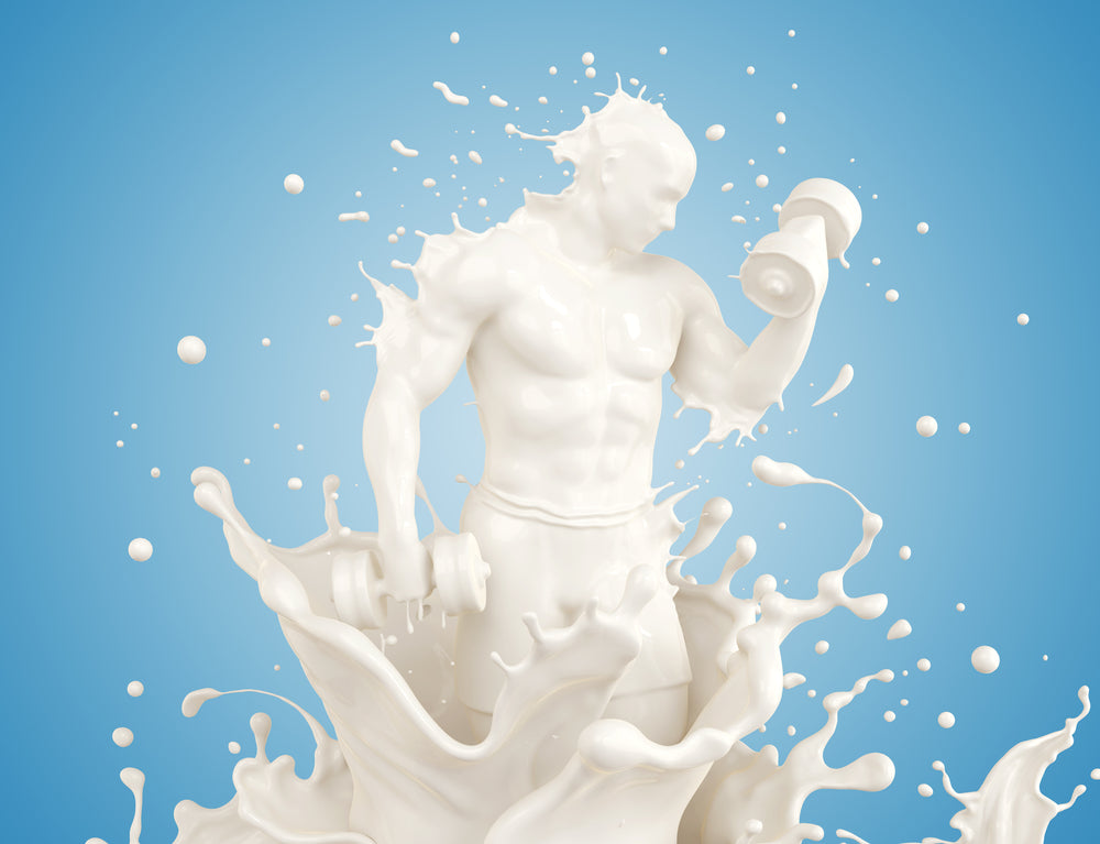 A muscular figure made of white liquid lifts a dumbbell, surrounded by splashes of milk against a light blue background, conveying strength and energy.