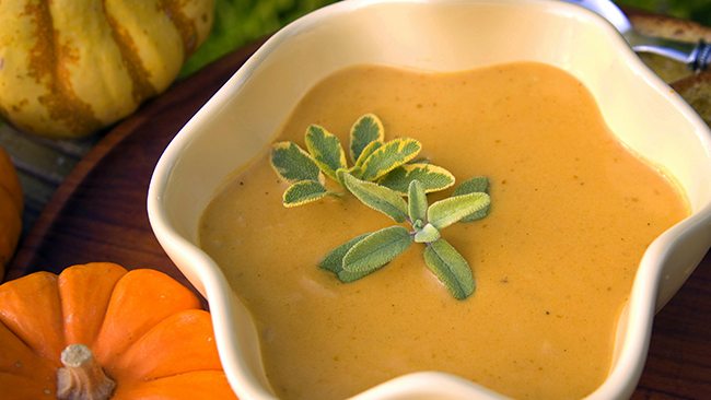 Bowl of creamy pumpkin soup garnished with fresh herbs, surrounded by small pumpkins.