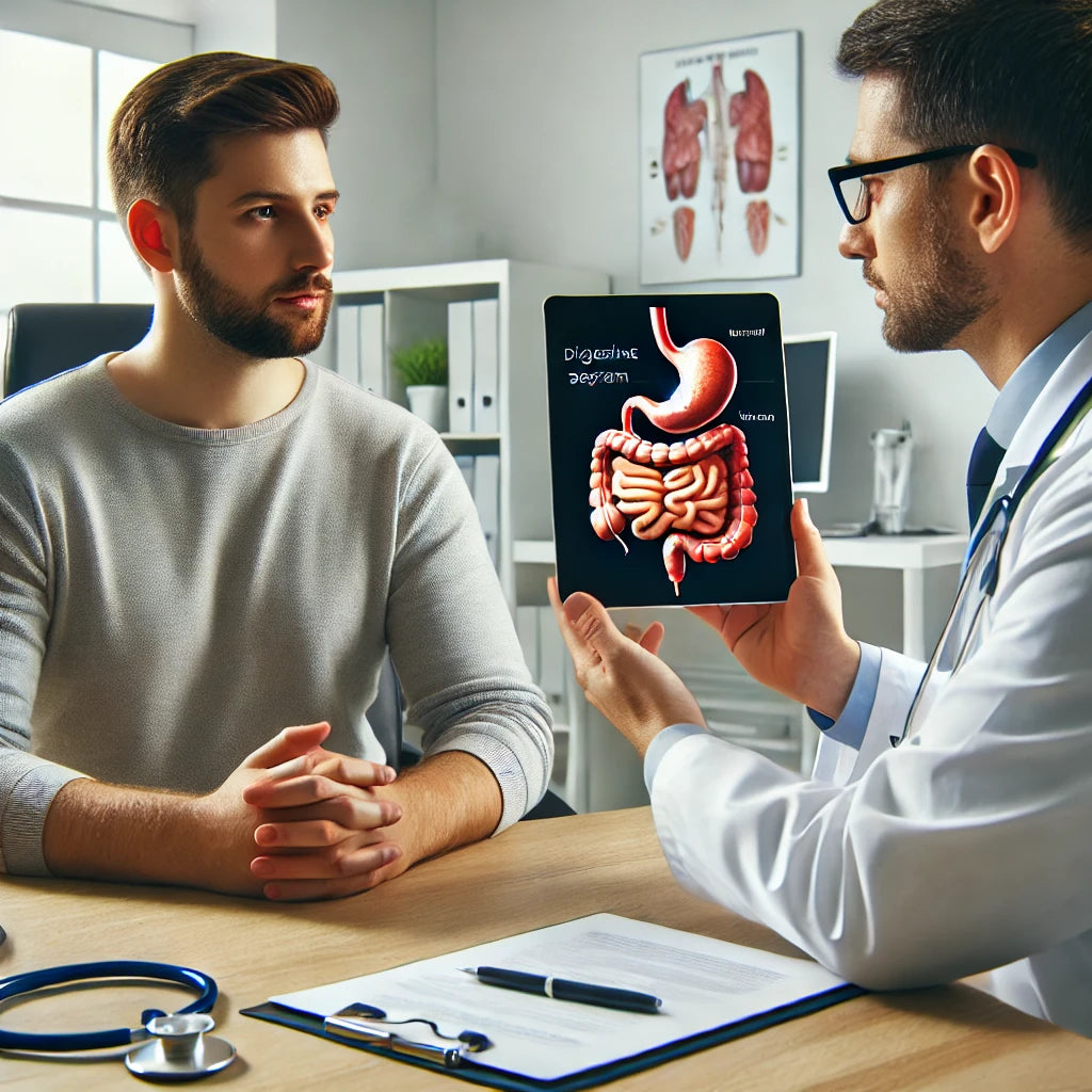 A doctor in a white coat shows a tablet displaying a digestive system diagram to a male patient, who listens attentively while seated at a desk in a well-lit medical office.