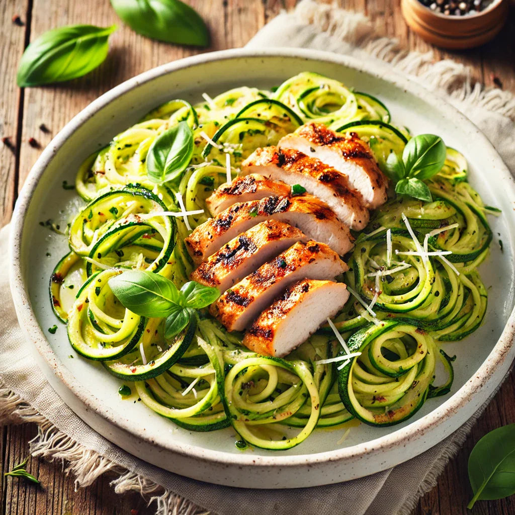 Plate of zucchini noodles topped with sliced grilled chicken, basil leaves, and grated cheese.