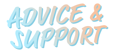 ADVICE & SUPPORT in soft blue and peach gradient script lettering.