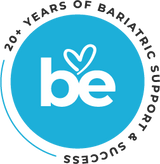 A blue circular logo features the letters "be" with a heart symbol, surrounded by text that reads "20+ YEARS OF BARIATRIC SUPPORT & SUCCESS."