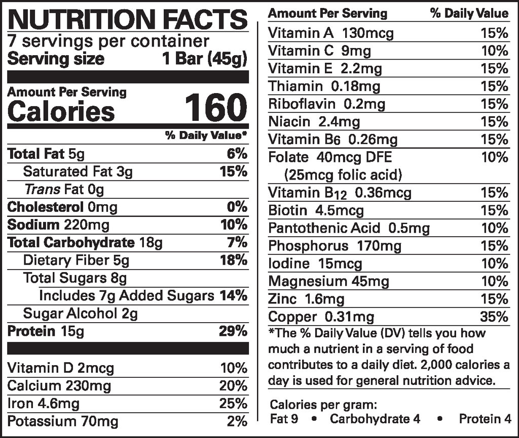 Nutrition facts label for a protein bar, detailing servings, calories, and nutrient content including fats, carbohydrates, sugars, and vitamins per serving.