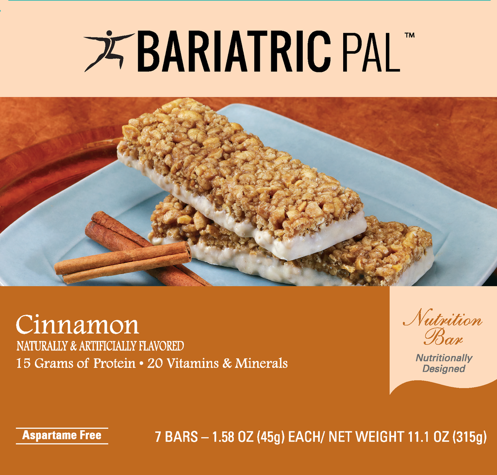 Bariatric Pal Cinnamon Nutrition Bars, featuring a crunchy texture, 15 grams of protein, and 20 vitamins and minerals, packaged in a box containing seven 1.58 oz bars, aspartame-free.