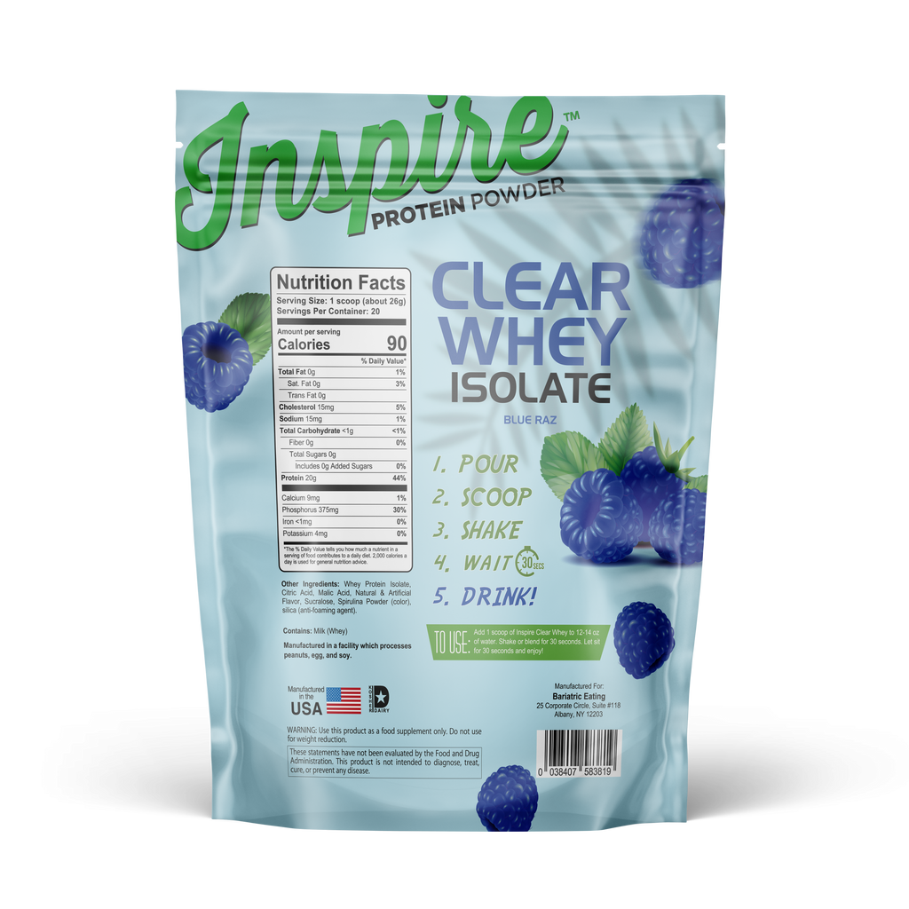 Protien Blue Razz Inspire Clear Whey Protein Powder by Bariatric Eating- Blue Razz