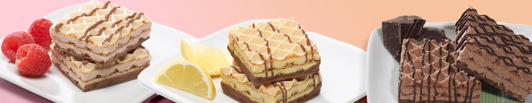 Three types of layered wafer desserts are displayed on white plates, featuring raspberry and lemon slices on the left, with chocolate drizzled on the right, set against a soft pink background.