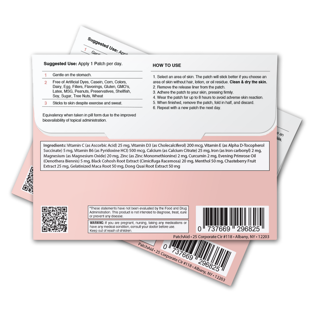 Three colorful patches with detailed usage instructions and ingredient lists, featuring vitamins and herbal extracts, designed for topical application to support wellness.