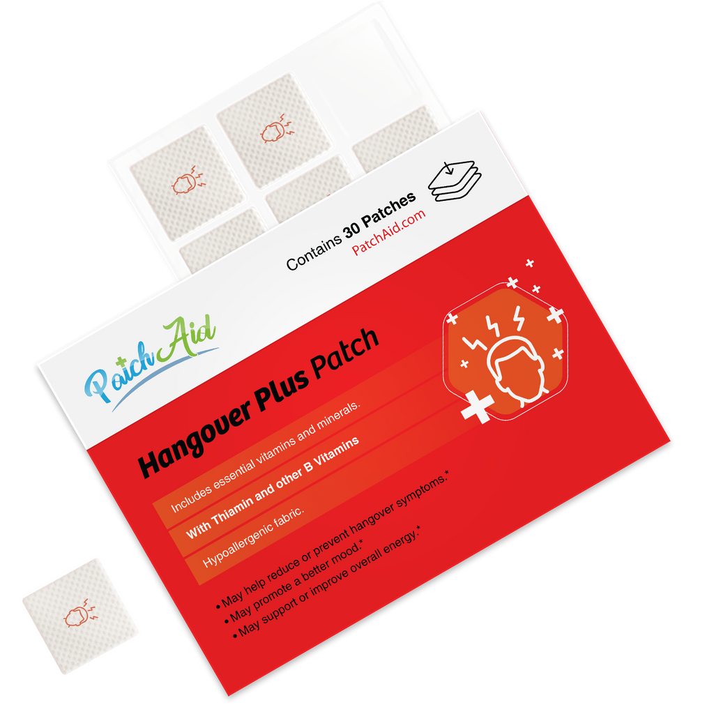 PatchAid Hangover Plus Patch box containing 30 hypoallergenic patches, featuring essential vitamins including Thiamin and B vitamins, designed to help reduce or prevent hangover symptoms.