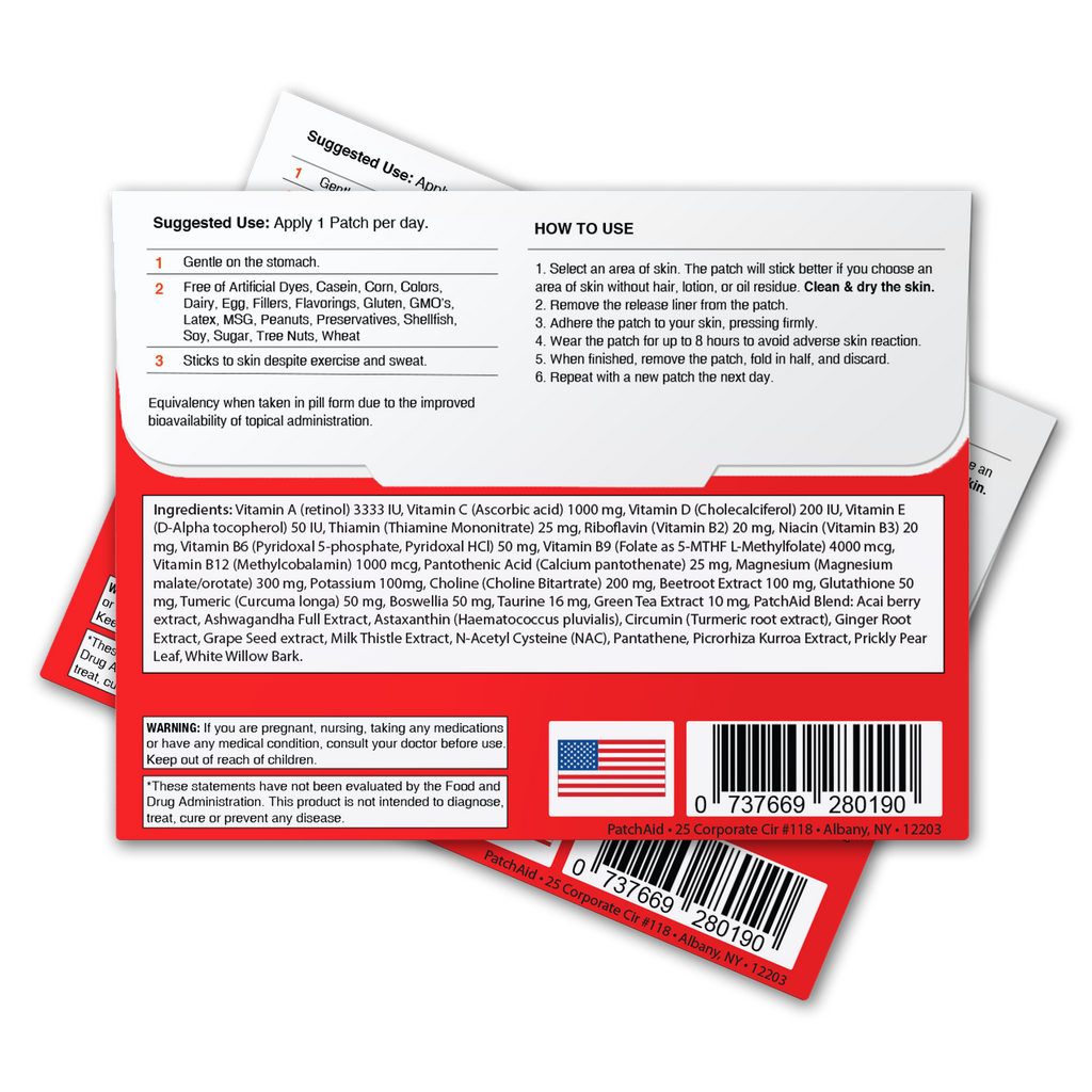 Topical patch featuring a red and white design, labeled with usage instructions and ingredient details, including vitamins and herbal extracts, suitable for skin application.