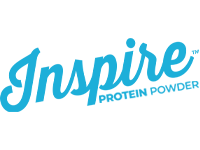 Inspire Protein Powder logo in light blue cursive lettering.