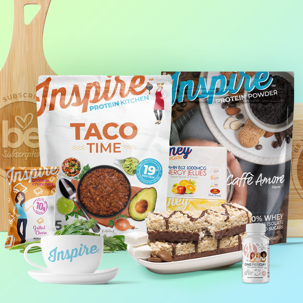 A collection of Inspire protein products, including Taco Time meal mix, protein powder, energy jellies, and a dessert, arranged on a colorful background with a coffee cup featuring the Inspire logo.