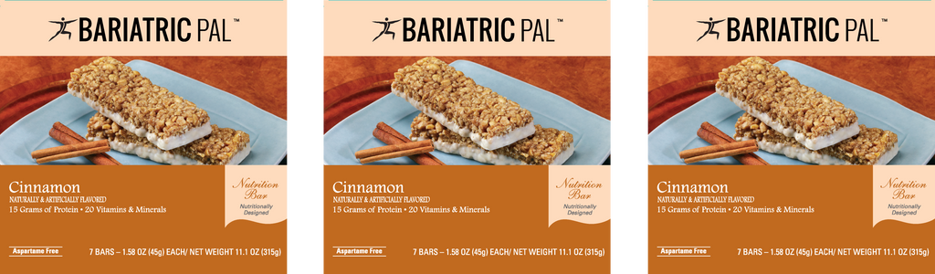 Cinnamon-flavored nutrition bars, featuring 15 grams of protein and 20 vitamins and minerals, packaged in a box containing seven 1.58 oz bars, aspartame-free.