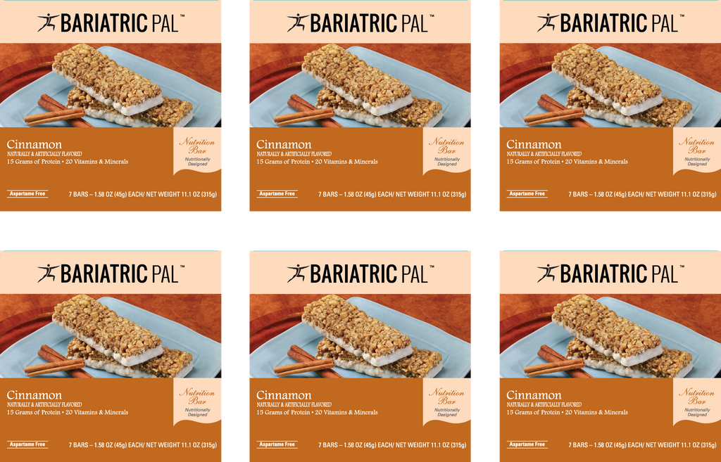 Bariatric Pal Cinnamon Nutrition Bars, 7 bars per box, each weighing 1.58 oz, featuring 15 grams of protein and 20 vitamins and minerals, with a flavor description on the packaging.