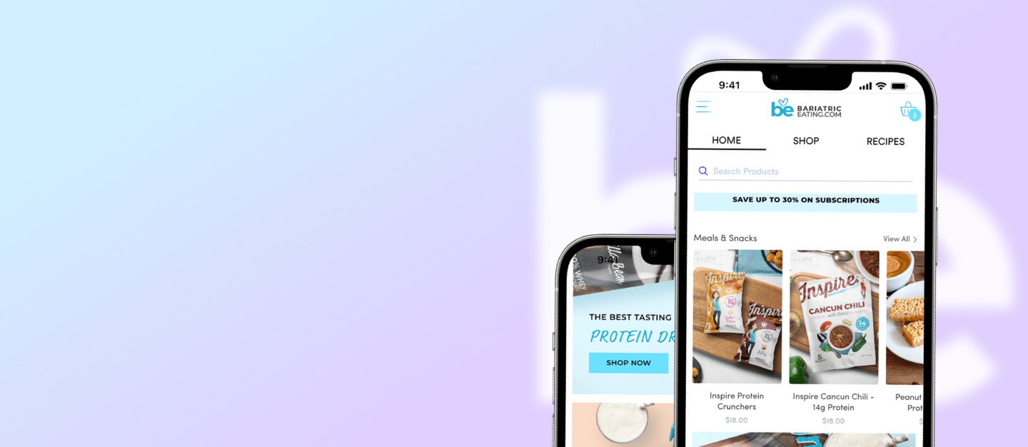 Two smartphones display a shopping app for Bariatric Eating, showing protein products and a promotional banner for subscription savings against a soft blue background.