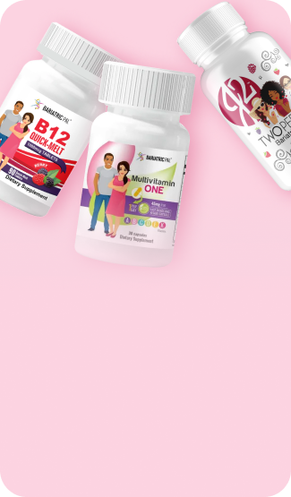 Three dietary supplement bottles are displayed on a pink background, featuring labels for B12 Quick-Melt, Multivitamin One, and a product called Twofer, each with colorful graphics and illustrations of people.
