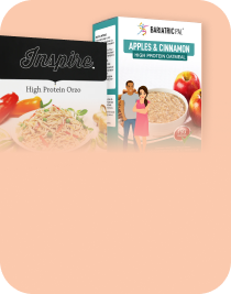 Two product boxes are displayed: one labeled "Inspire High Protein Orzo" featuring a colorful pasta dish, and the other "BariatricPal Apples & Cinnamon High Protein Oatmeal" with a couple holding a bowl of oatmeal.
