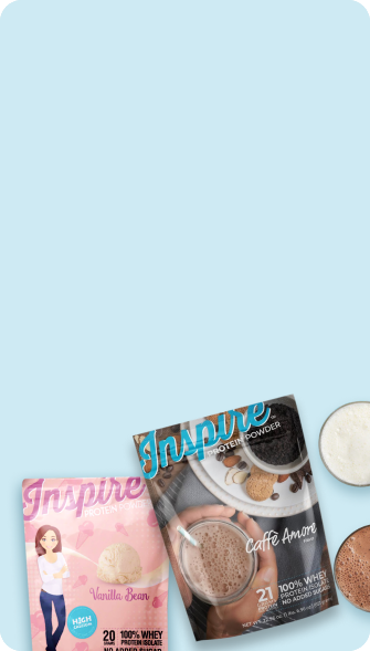 Pink and brown protein powder packages labeled Vanilla Bean and Caffè Amore sit beside bowls of creamy and chocolate-colored drinks on a light blue background.
